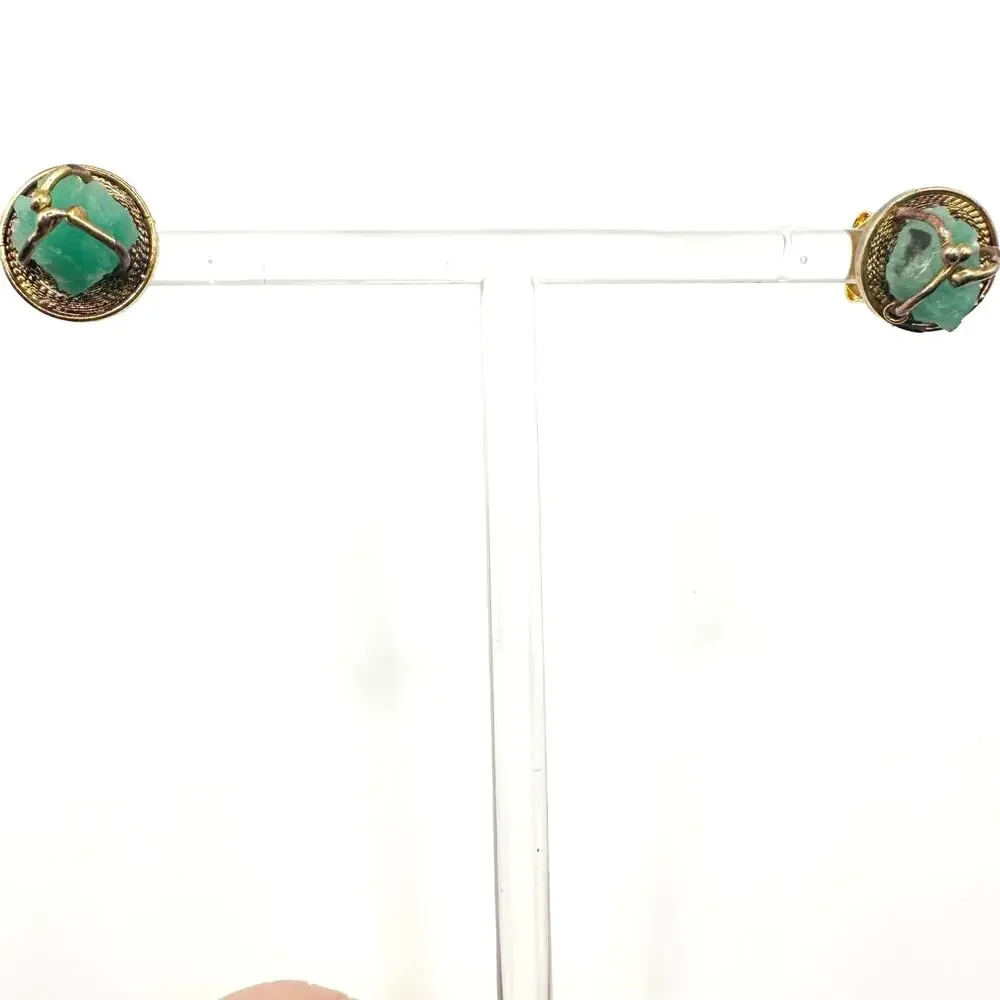 Asian Inspired Green Stone Nugget Pierced Stud Earring Unique Pierced Jewelry
